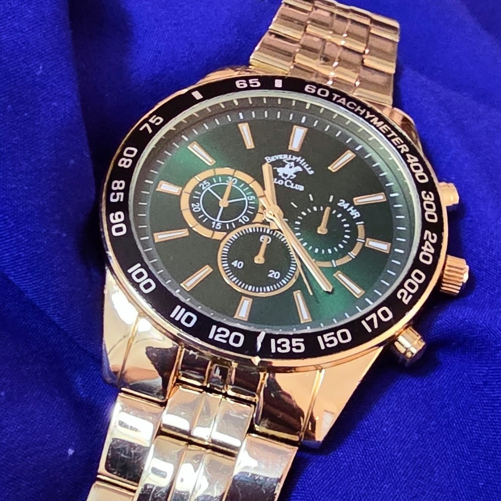 Beverly Hills Gold Tone Emerald Dial Classic Dress Mens Watch Like New